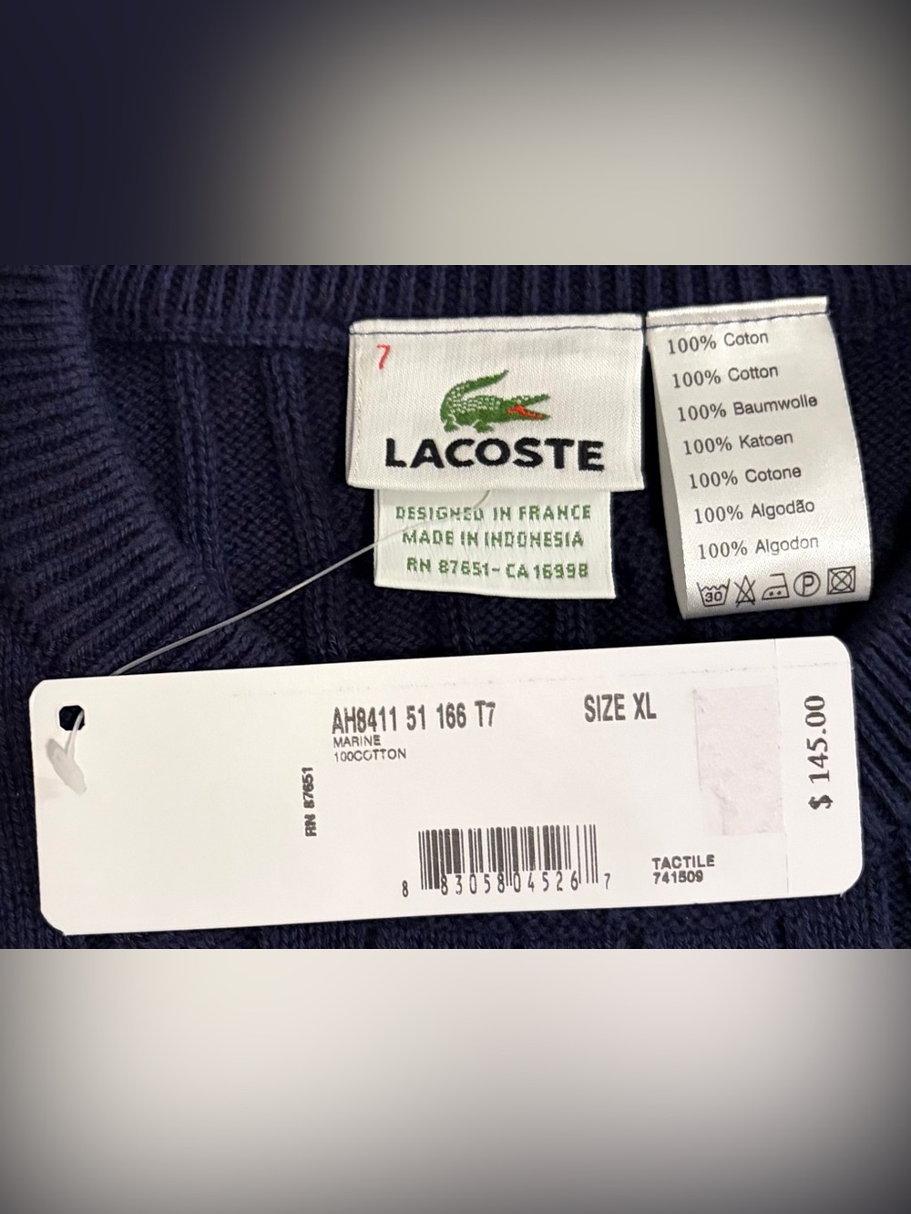 $145 Lacoste Classic Cable Knit Navy Cotton Sweater Men’s Size: XL - Picture 5 of 6